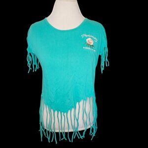 VTG 90s Sturgis Fringe Crop Top Shirt Teal Blue Green Floral Embroidered Sz M